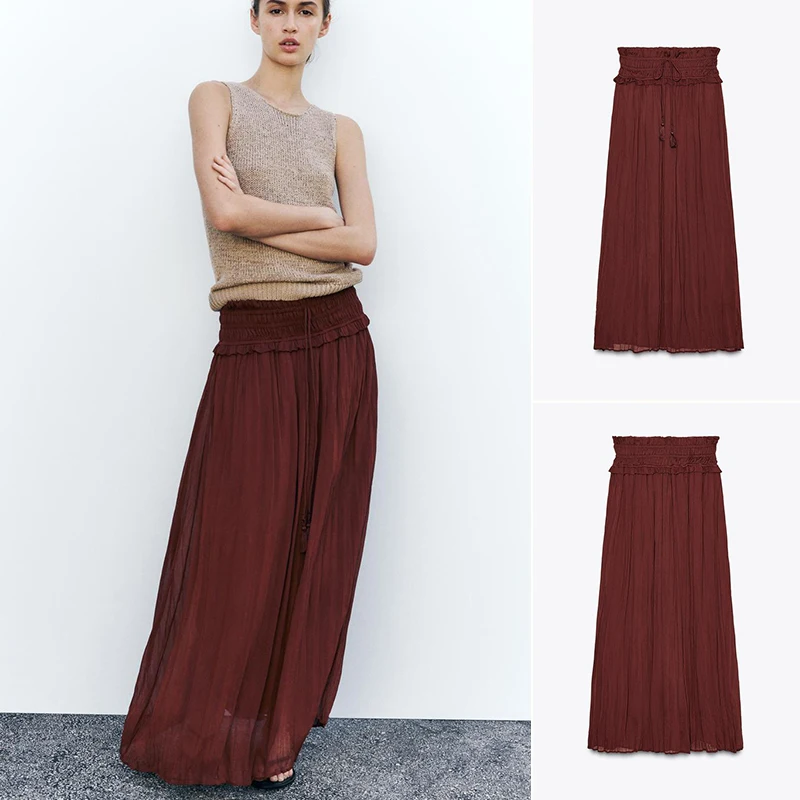 

Spring Summer Women's Pleated Midi Skirt High Waist Elastic Decorative Wide Waist Commuter Sle Long Skirt Pure Color Polyes...