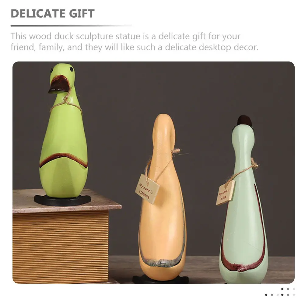 Wooden Duck Statue Set 3pcs Hand-Carved Animal Decor for Home Office Desk Garden Gift