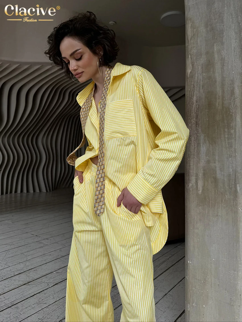 Clacive Fashion Loose Yellow Stripe Cotton 2 Piece Sets Women Outfit Elegant Long Sleeve Shirt With High Waist Wide Pants Set