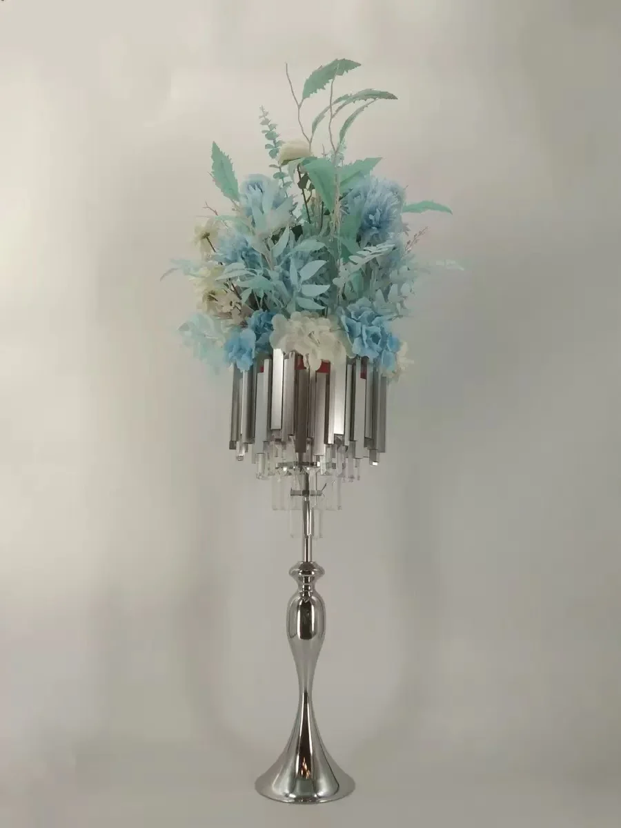 Wedding Decoration Metal Iron Gold Crystal Beads Flower Stand Vases Wedding Table Centerpieces for Party