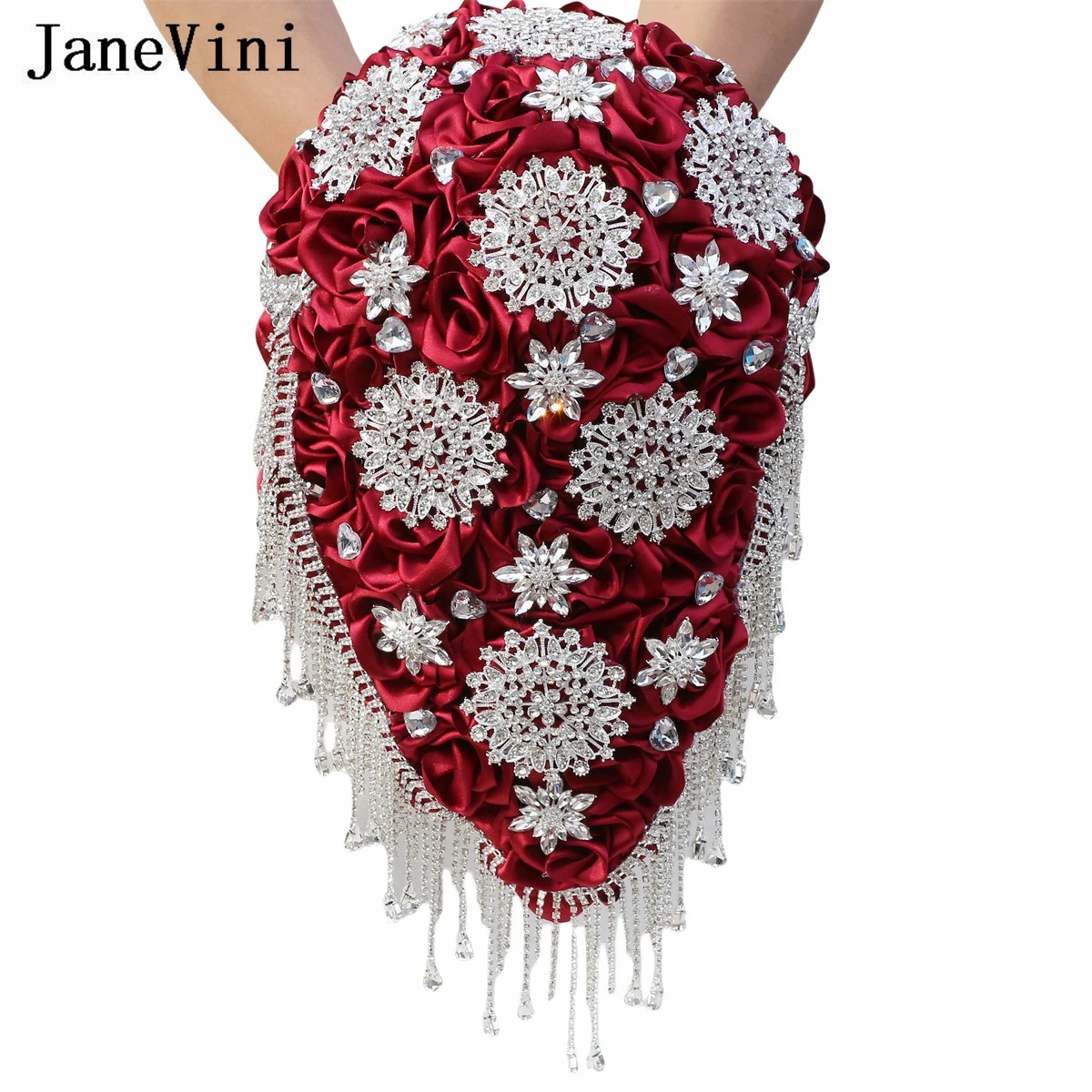 

JaneVini Bling Rhinestones Beaded Bridal Bouquet Waterfall Burgundy Crystal Bride Satin Rose Fake Flower Bouquet Blumen Hochzeit