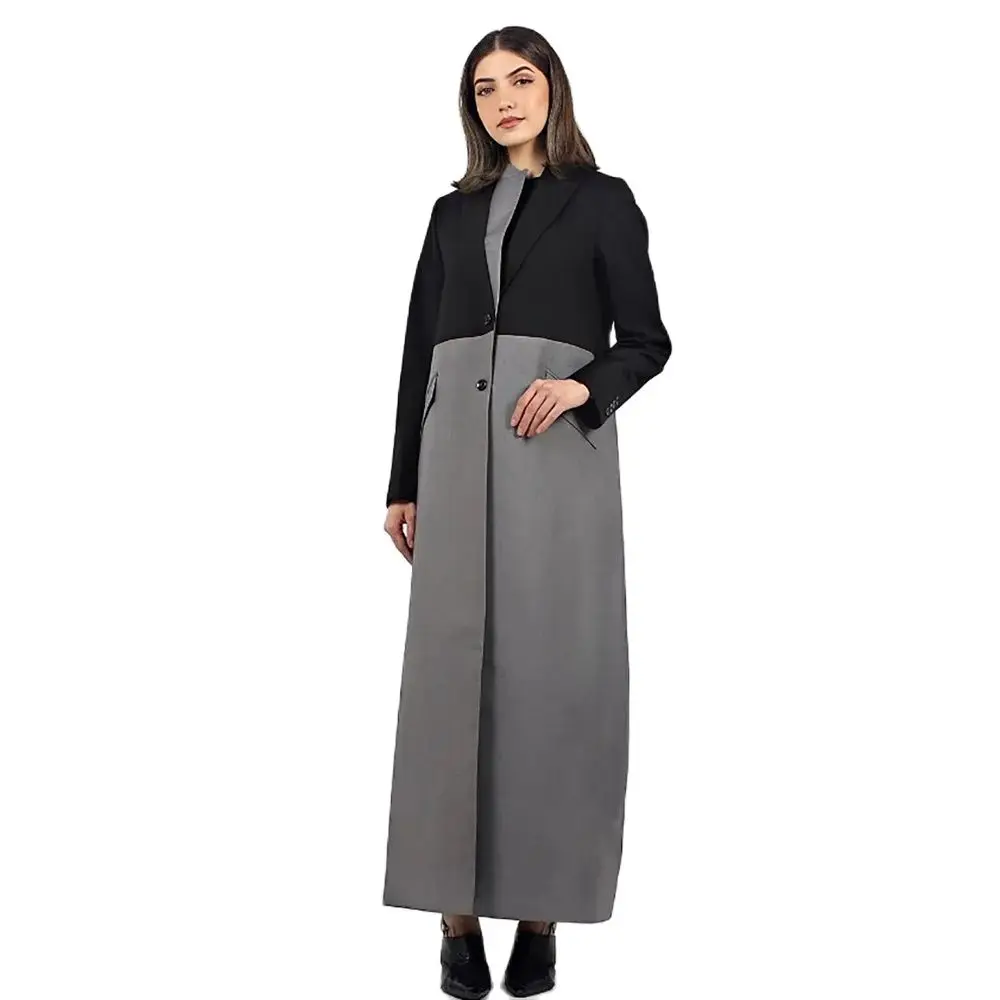 Chic Black and Grey Patchwork Women Long Jacket Slim Single Breasted Female Daily Coat Formal Ankle Length Dress