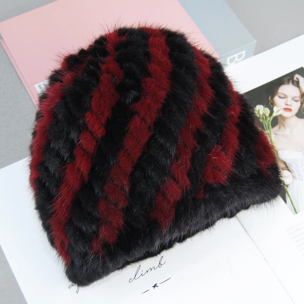 2024 Winter Womens Mink Fur Hats Natural Real Fur Knitted Cap Fashionable Fluffy Ladies Genuine Fur Beanie Female Black Fur Caps