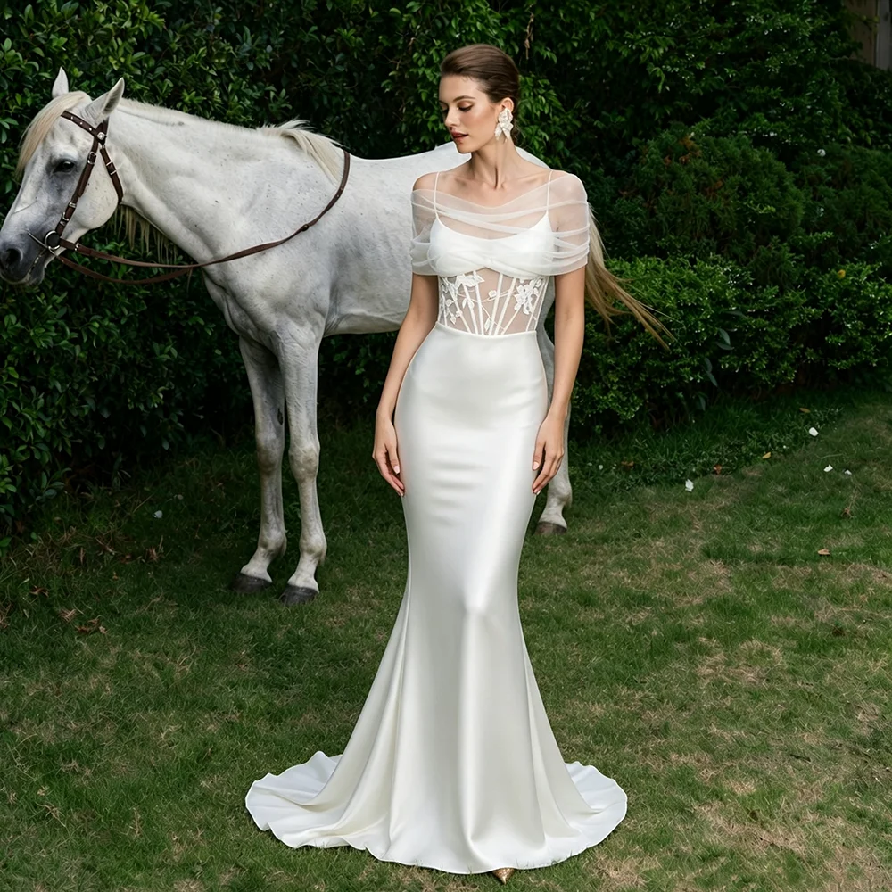 Mermaid Embroidered Elegant Satin Bridal Gowns Customized Plus Size Spaghetti Straps Sheer Lace Tulle Bolero Ivory Wedding Dress