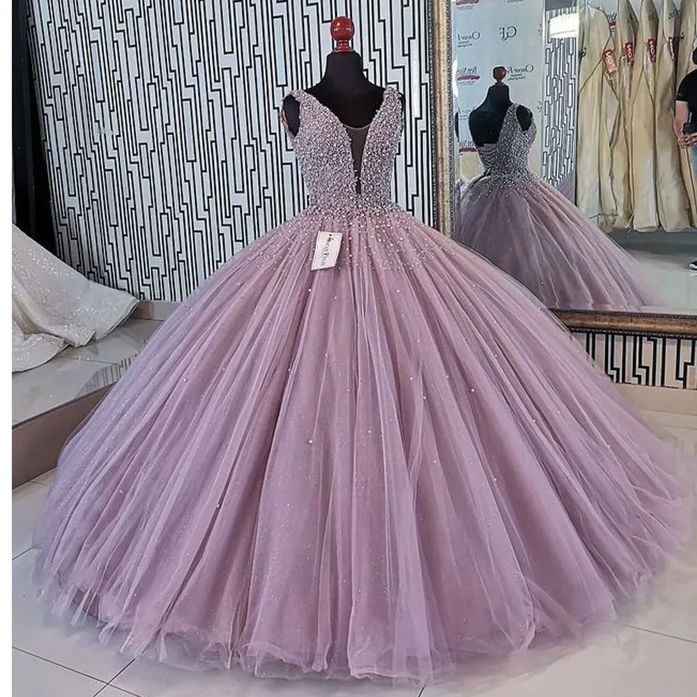 Lilac Quinceanera sukienki suknia balowa dekolt w serek tiul perły Puffy meksykańskie słodkie 16 sukienki 15 Anos