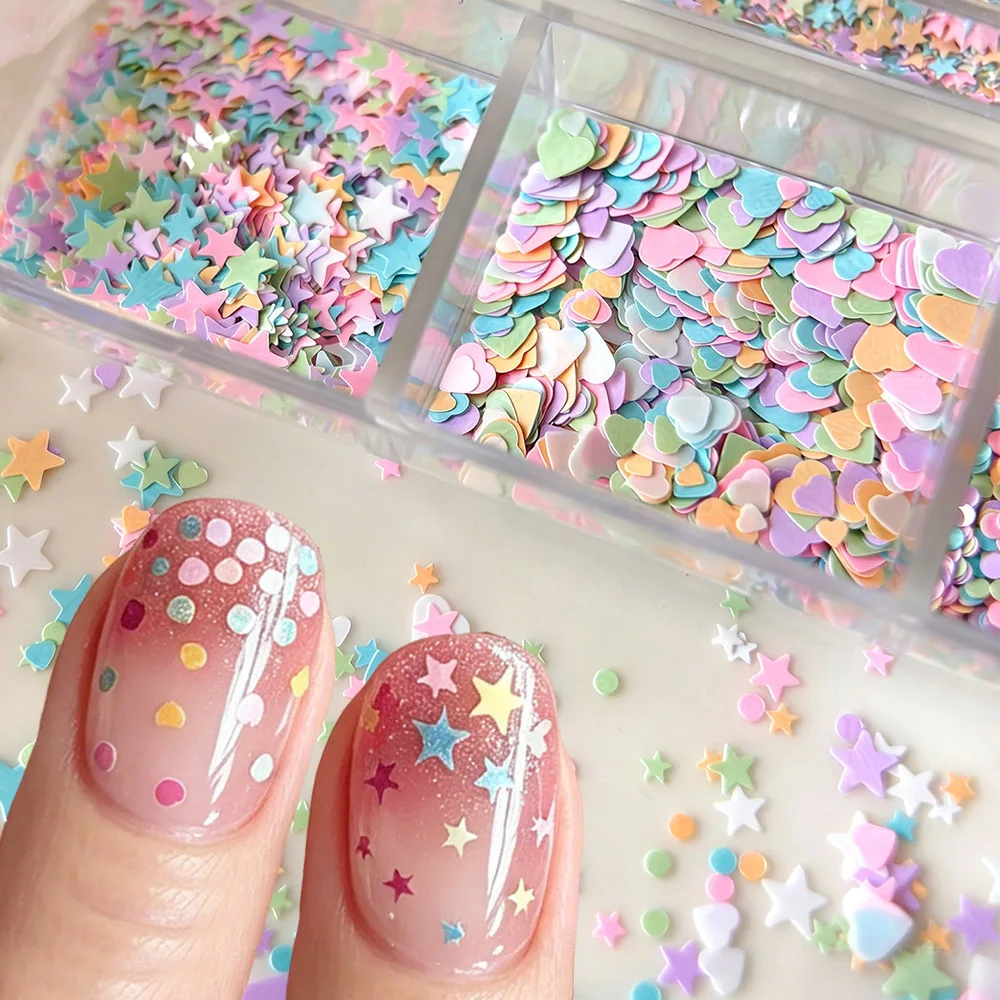 1box Macaron Pink Blue Star Nail Sequin Mixed Size Heart Pentagram Glitter Powder Nail Art Accessories Polka Dot Sequins Tools