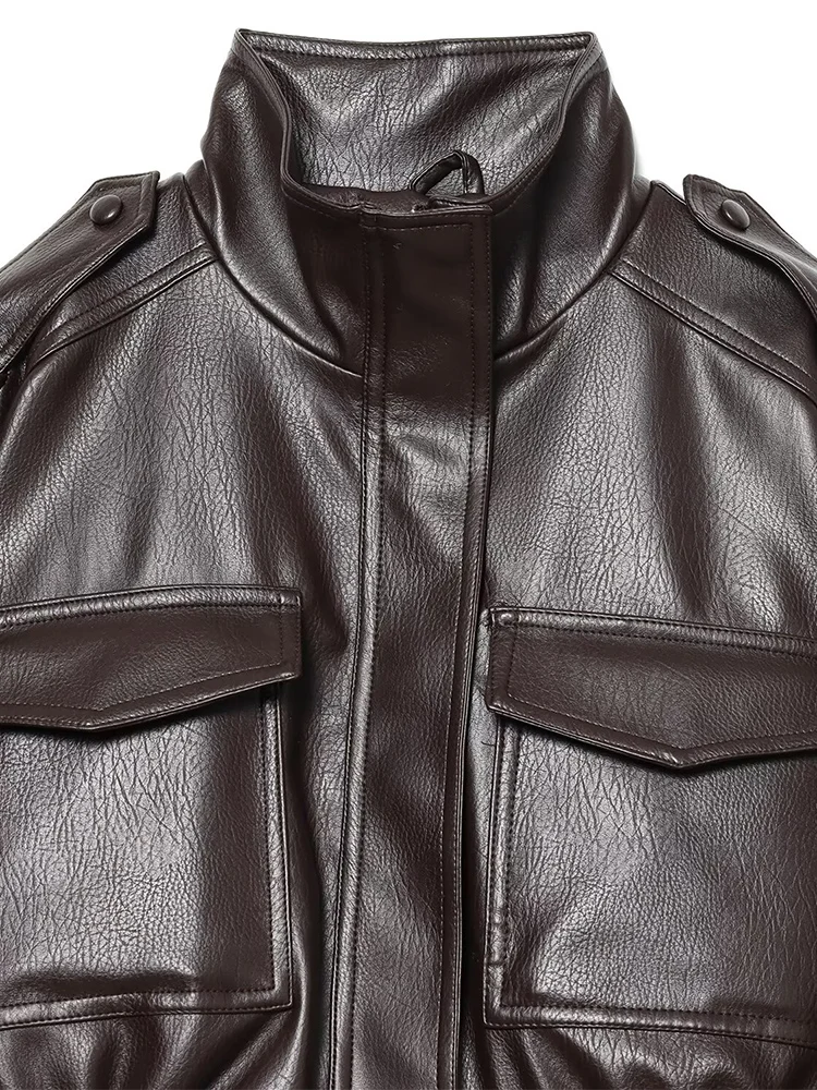 Chaqueta de cuero PU con cuello levantado para mujer, estilo europeo, versátil, elegante, holgada, color sólido