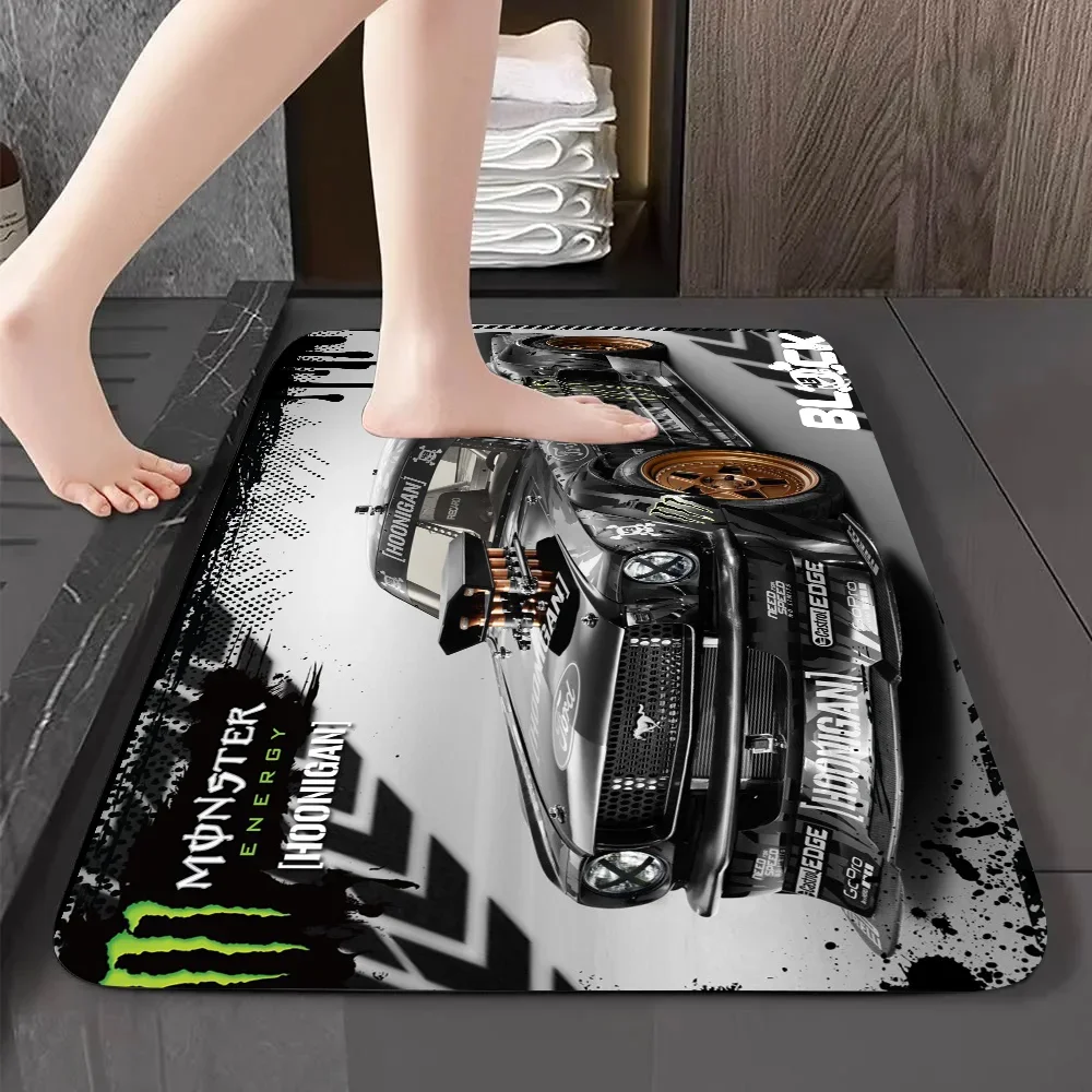 H-HOONIGANS Racing Car Banner Flag Floor Mat Graphic Printed Flannel Doormats for Bathroom Kitchen Entrance Carpet Home Decor