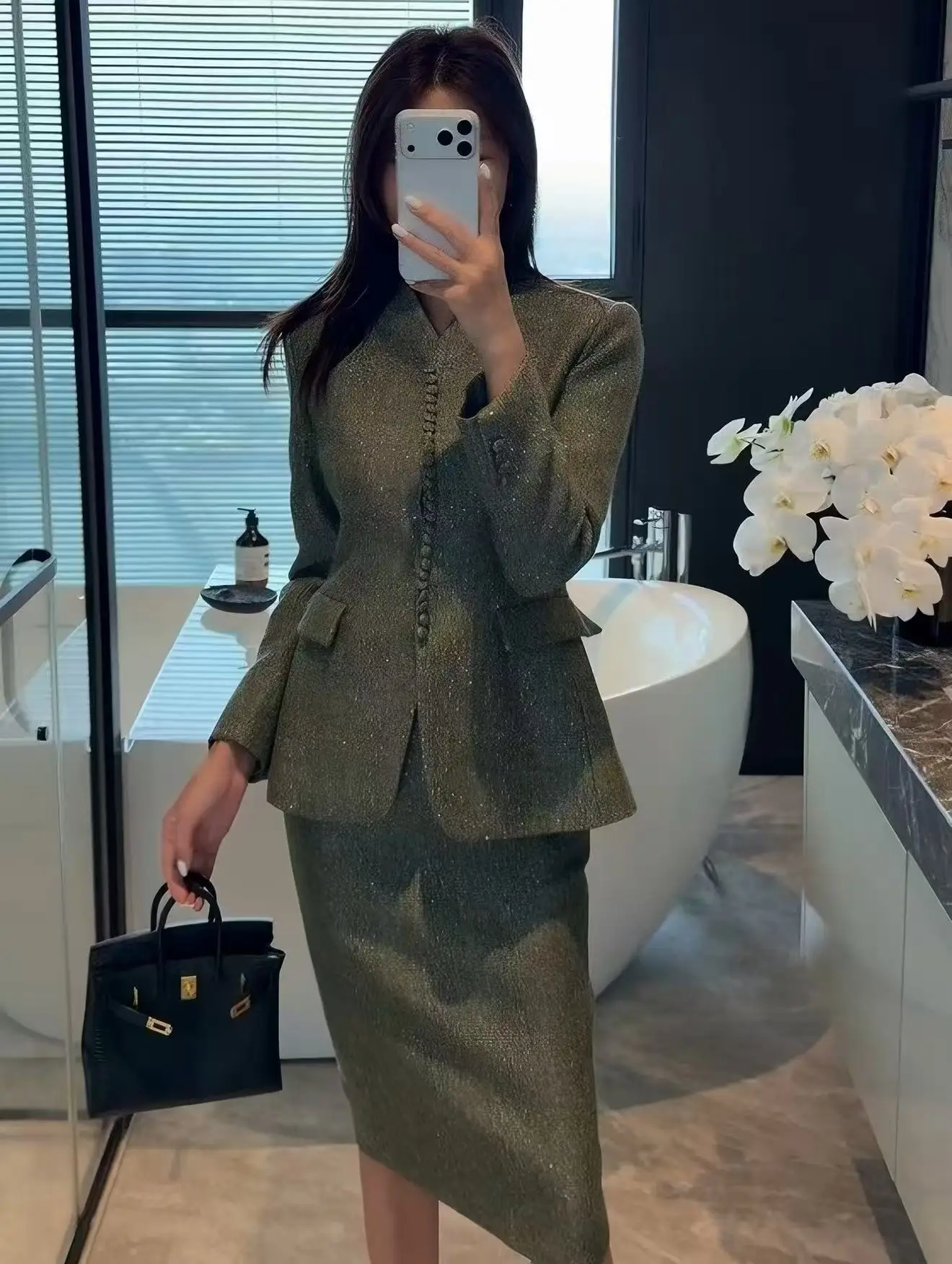Green Tweed Wool Blend Skirt Suit Women Elegant Handmade Frog Button Stand Collar Slim Fit Business Formal Sparkly Two Piece Set