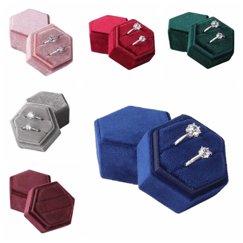 Fashion Two Slots Velvet Rings Holder Luxury Hexagon Rings Bearer Box Proposal Storage Rings Display Case Couple
