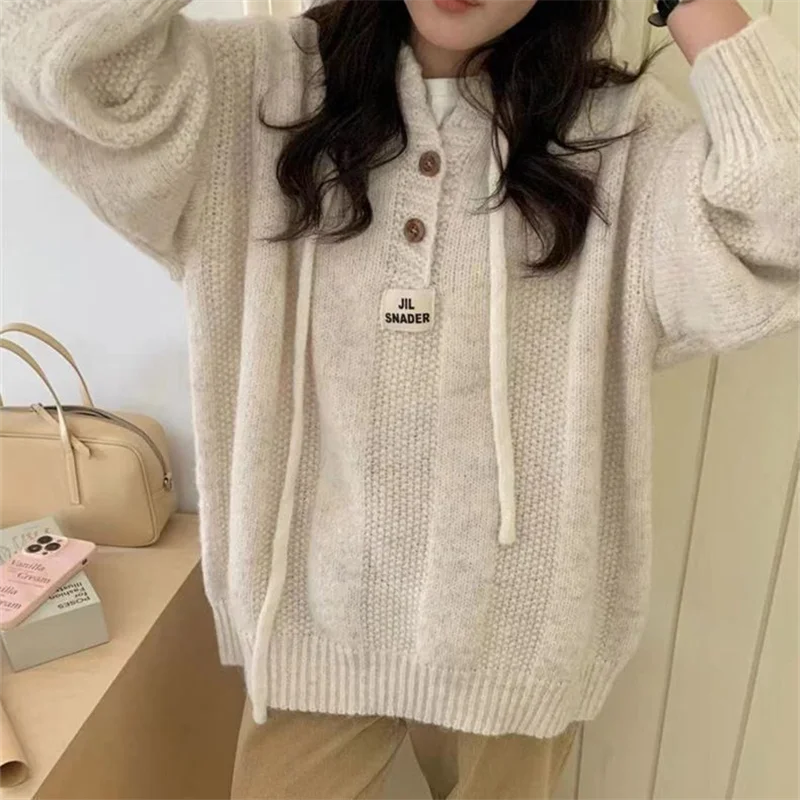 Beige Color Hooded Sweater with Autumn And Winter Korean Loose And Lazy Style Soft And Thick Drawstring Knit Hoodie Top Female