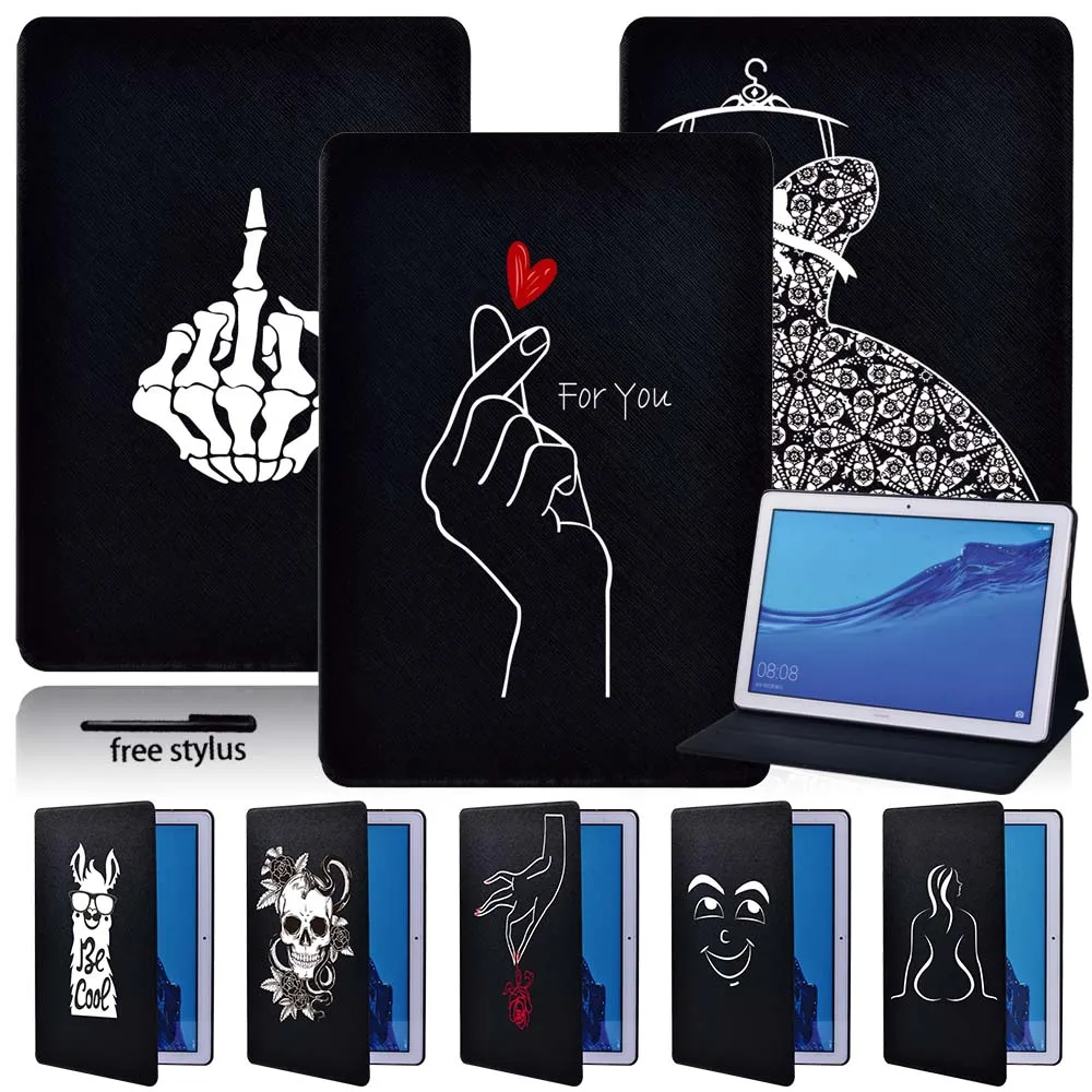 

Case for Huawei MediaPad M5 Lite 8/T5 10 10.1/T3 10 9.6/T3 8.0 Dust-proof Folding White Picture Series Tablet Case + Free Stlyus