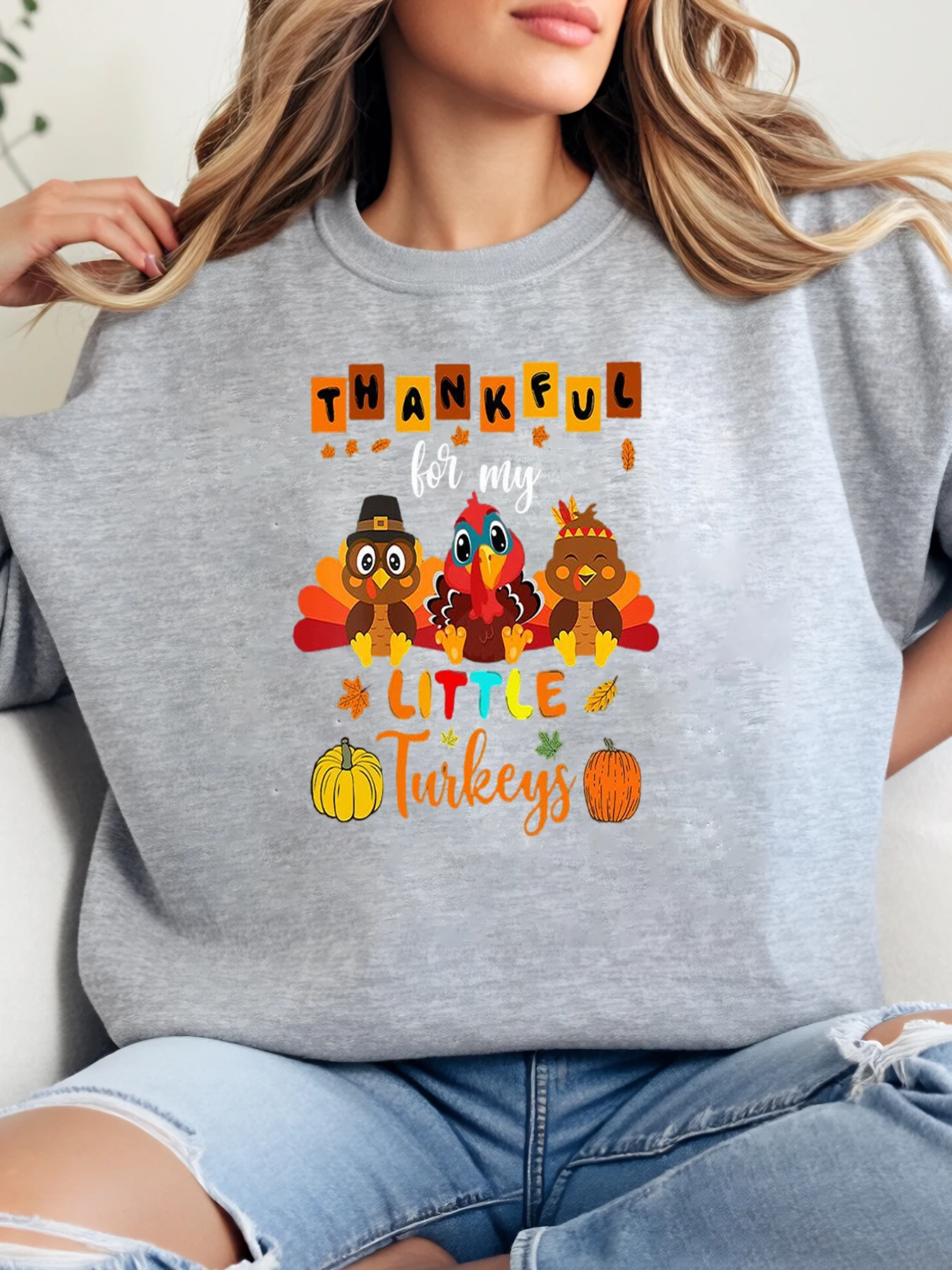 

Женская толстовка с принтом «Спасибо за мои маленькие индейки» на День Благодарения, повседневная осенняя фестивальная серая толстовка больших размеров