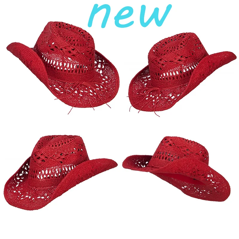 Straw cowboy hat red hand-woven hollow malan flower men and women summer sun hat western cowboy hat sombrero vaquero mujer