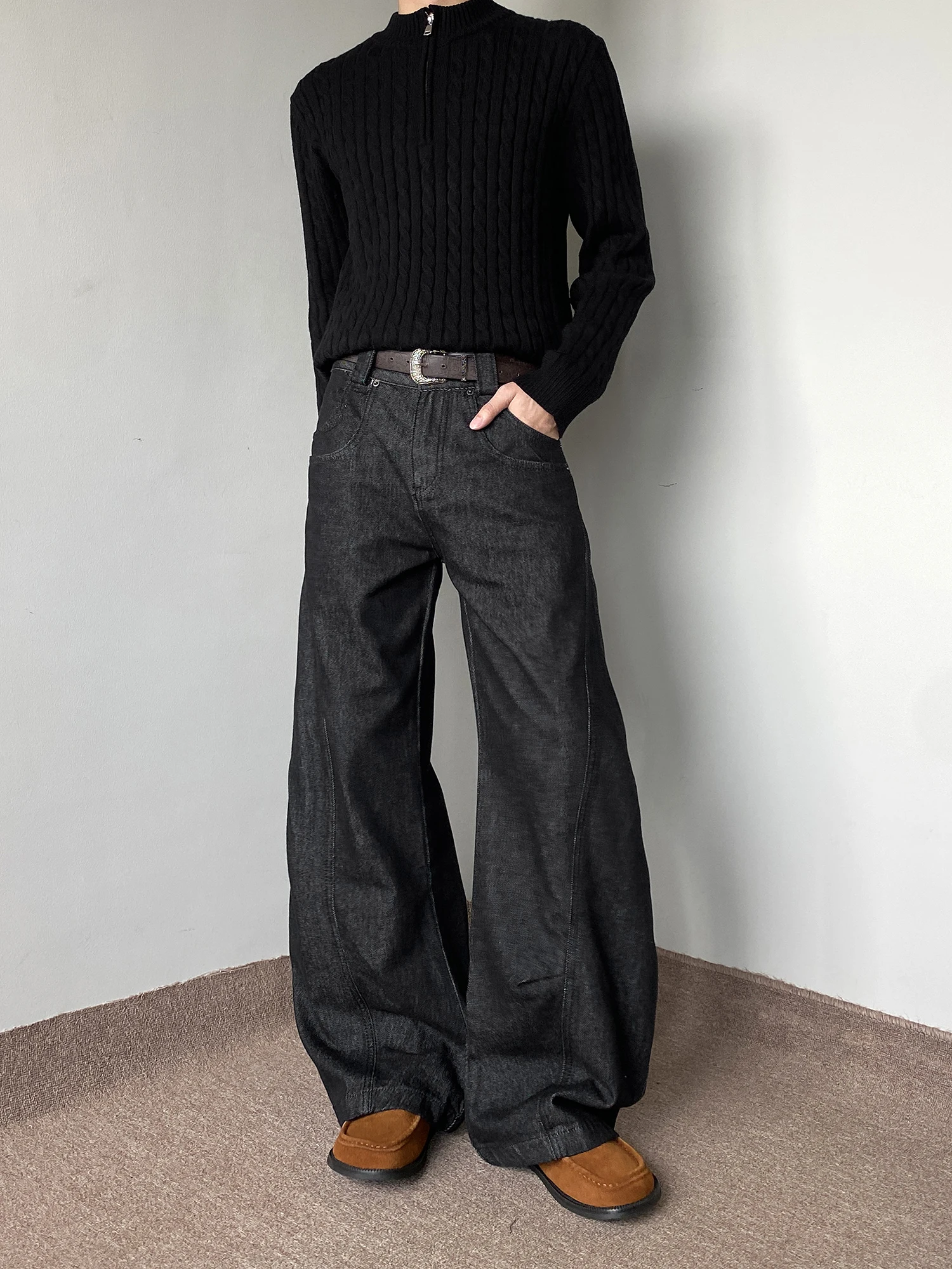 

Retro American Vintage Black Denim Wide Leg Banana Pants Men's Women's Cleanfit Simple Loose Fit Jeans Autumn Seasonal Wear