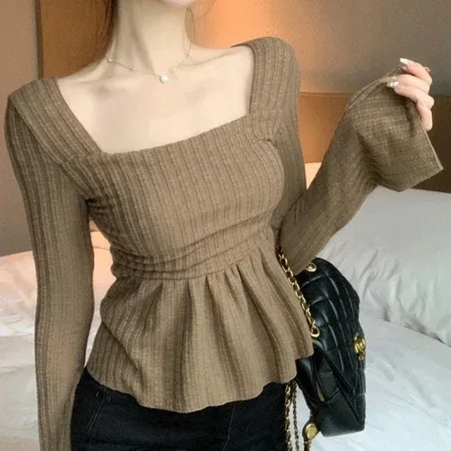 Long-sleeve T-shirts Women Square Neck Slim Basic Short Flare-sleeves Elegant Leisure Hot Sweet Girls Korean-style All-match