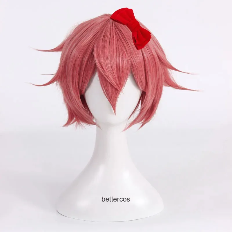 Doki Doki Club de Literatura Sayori cosplay peluca corta rosa rojo resistente al calor peluca de pelo sintético gorro de peluca horquilla con lazo