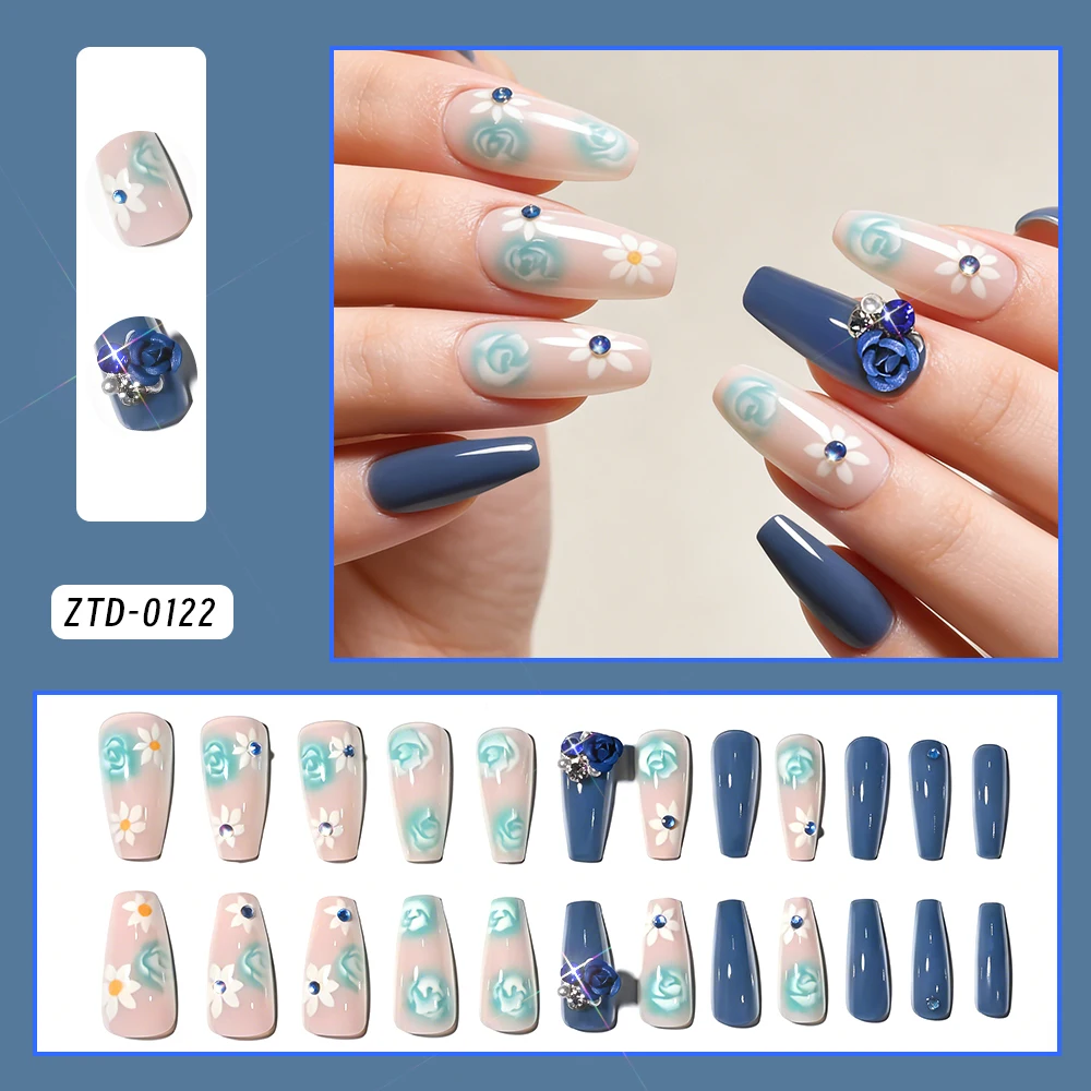 24Pcs/Box Blue Nude Long Ballerina Press On Nails with 3D Rose Rhinestone Fake Nail White Green Floral Trapezoid False Fingertip