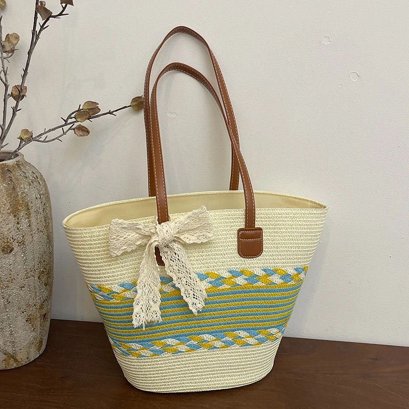 

Summer Contrasting Color Stripes Women's Straw Woven Shoulder Bag Large Capacity Beach Seaside Travel Vacation Bali Shopper Tote