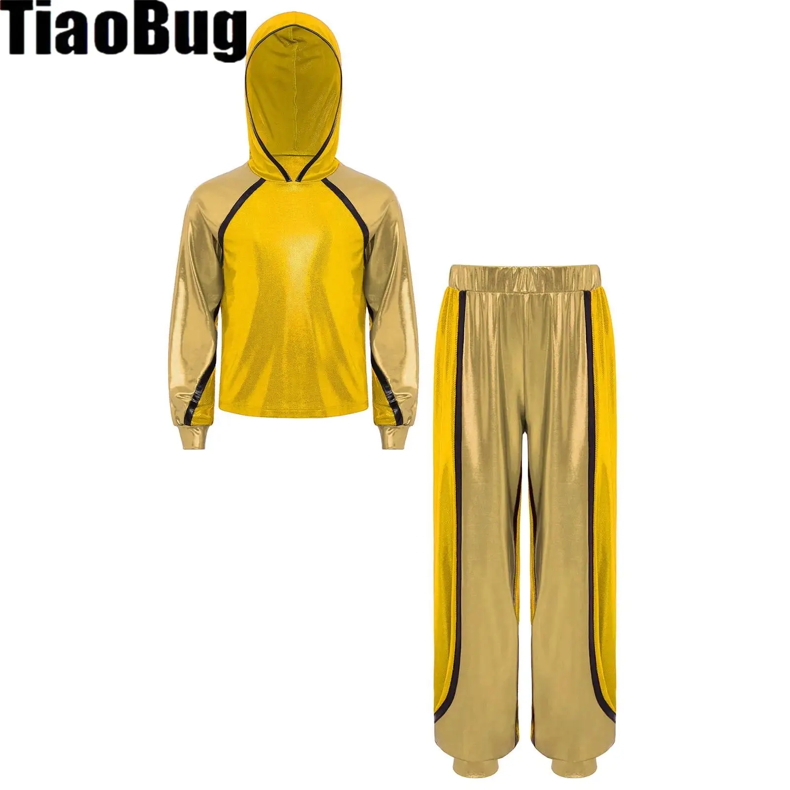

Boys Girls Jazz Hip Hop Street Dance Costume Long Sleeve Metallic Hoodie Coats with Pants for Sports Workout Exercise Outfits