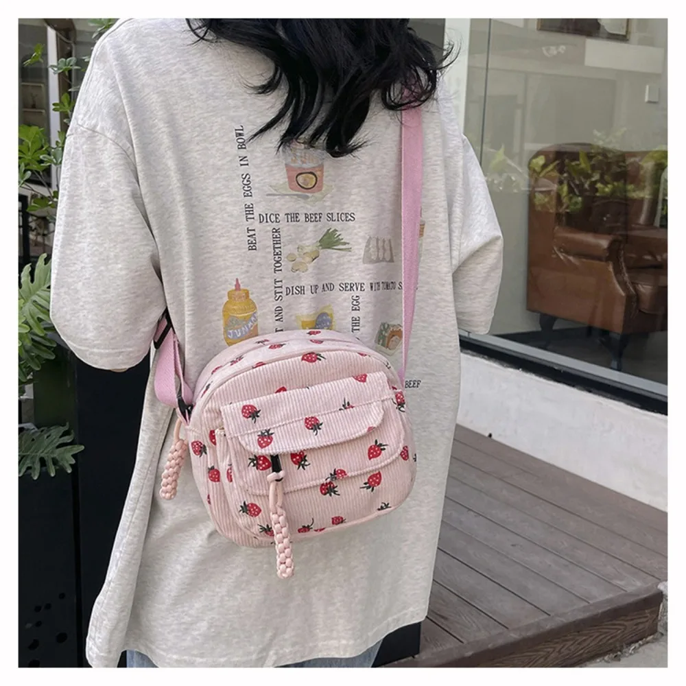 Fashion Printing Strawberry Crossbody Bag Large Capacity Zipper Corduroy Shoulder Bag Sweet Women Girl Handbag