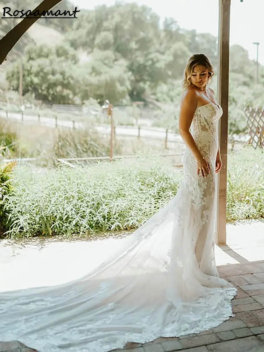 

Country Sweetheart Sleeveless Mermaid Wedding Dress Illusion Appliques Lace Boho Bridal Gowns