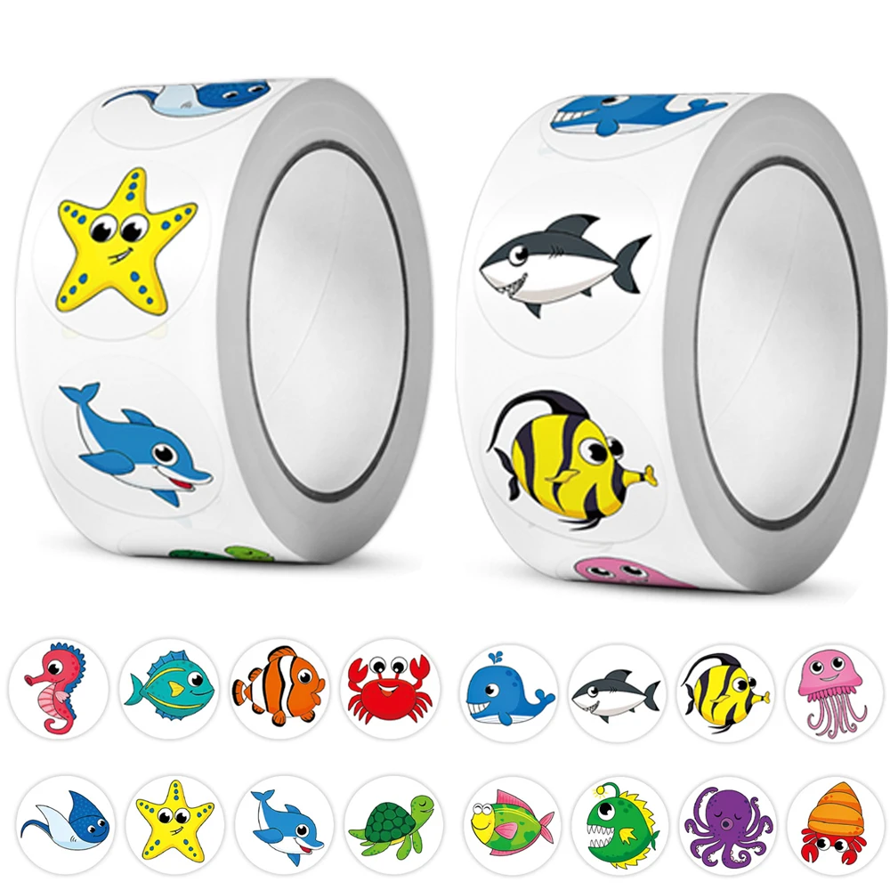 500Pcs/Roll Cartoon Marine Animals Reward Stickers Perfect For Learning Game PC Scrapbooking Notebook Pad Fridge Gift Seal Label