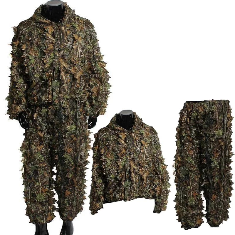 3D Woodland Leaf Ghillie Suits, Tactical Camouflage Shirt, Pants, Outdoor Hunting Clothes with Hooded, Hot Selling, High Quality