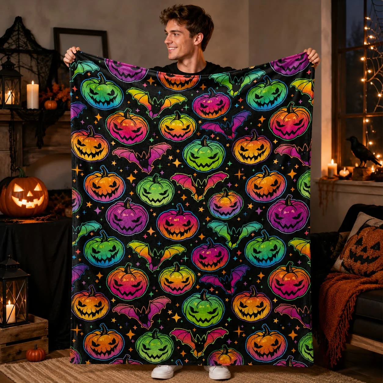 Halloween Pumpkin & Bat 3D Print Flannel Throw Blanket - Cozy, Lightweight for Couch, Bed, Office, and Travel - Versatile All-Season Gift