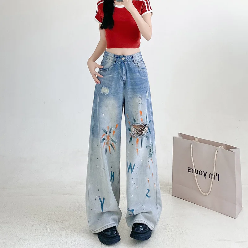 

Женские расклешенные джинсы с ручной росписью 2025: винтажные рваные узкие джинсовые брюки до щиколотки с низкой талией, синие эластичные праздничные брюки Rave Wear