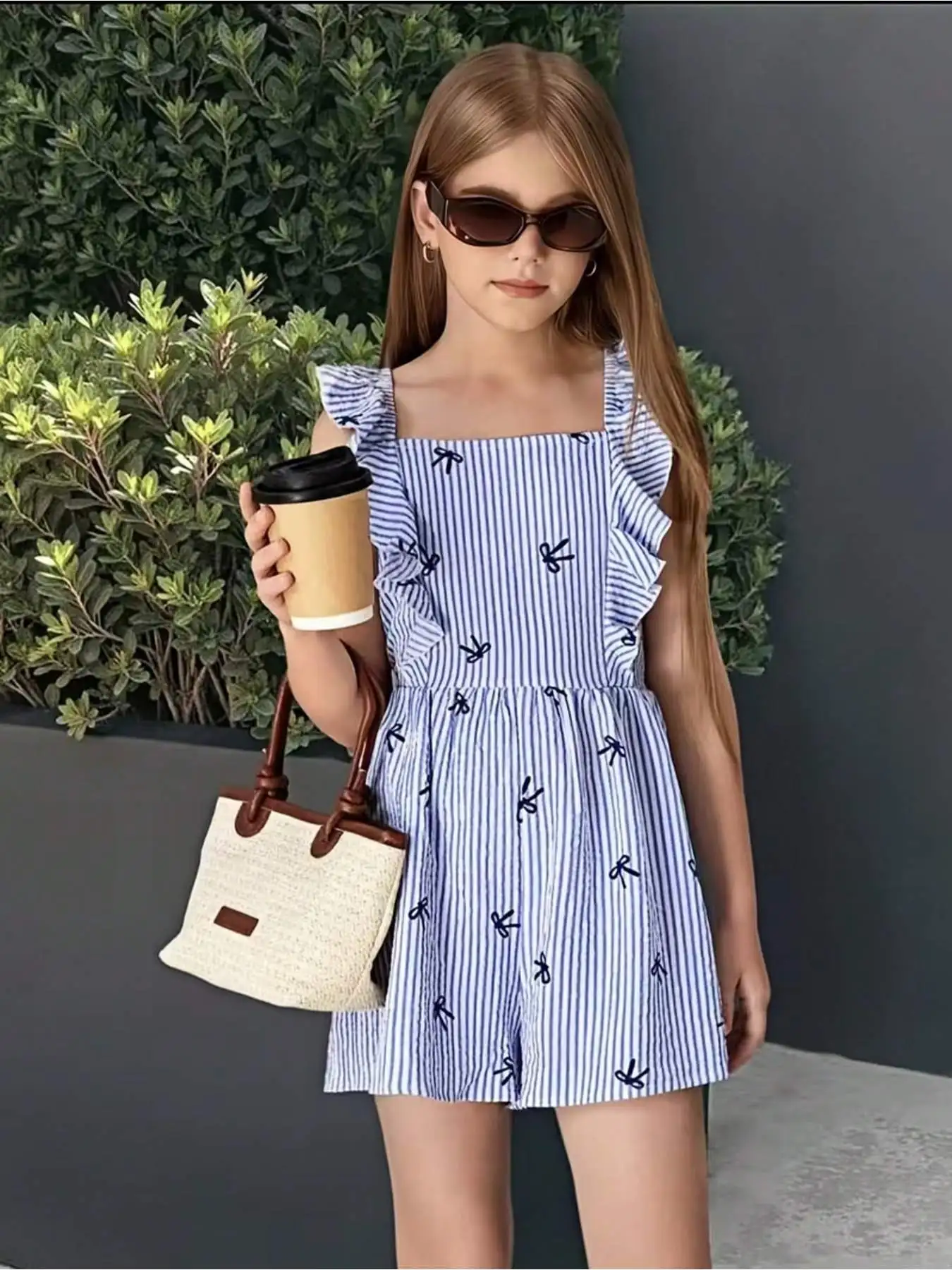 Ärmelloser Kinder-Jumpsuit mit Schleifendruck und Rüschenrand, lässig und elegant. – Detail 2