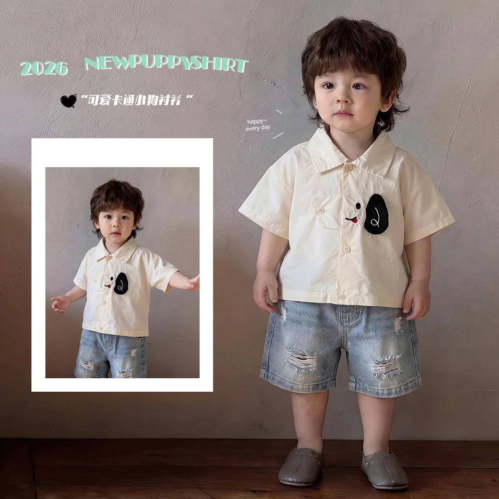 

Летняя детская футболка с коротким рукавом и мультяшным принтом собаки, с отложным воротником, из тонкого мягкого хлопка, повседневная, для мальчиков и девочек, для прогулок на улице, 2026