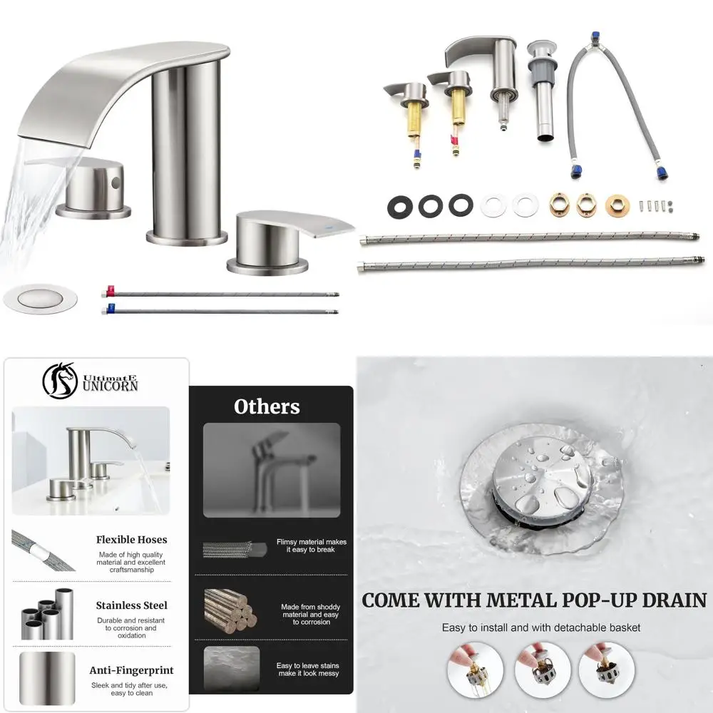 

8 Brushed Nickel Widespread Faucet with Waterfall Spout, Metal Pop-Up Drain, and 2 Hoses for 3-Hole Vanity Sink