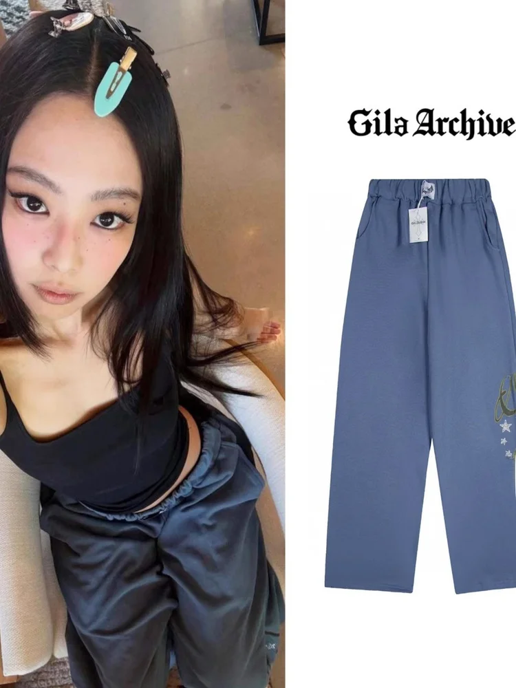 

Trendy Jenniegila Archive Dance Pants Casual Trousers Sweatpants Women's Star Rhinestone Lettering High Waist Straight Leg