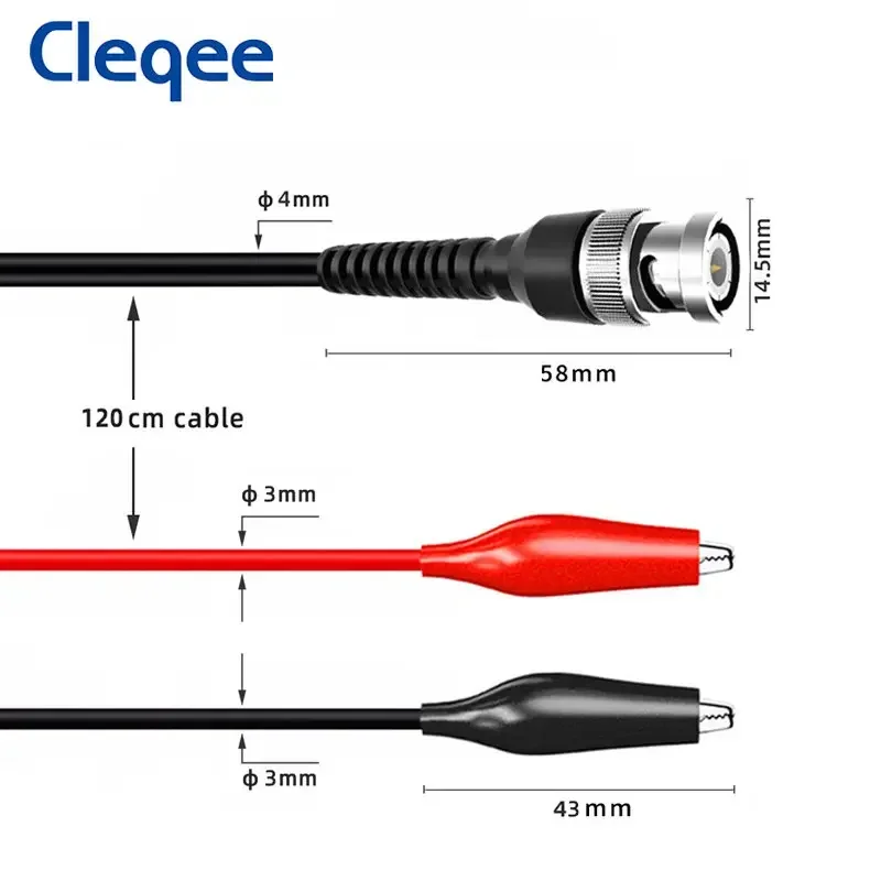 Cleqee P1011 BNC Male to Dual Alligator Clips Test Lead Q9 Male Plug Oscilloscope Test Probe Oscilloscope Cable 110cm