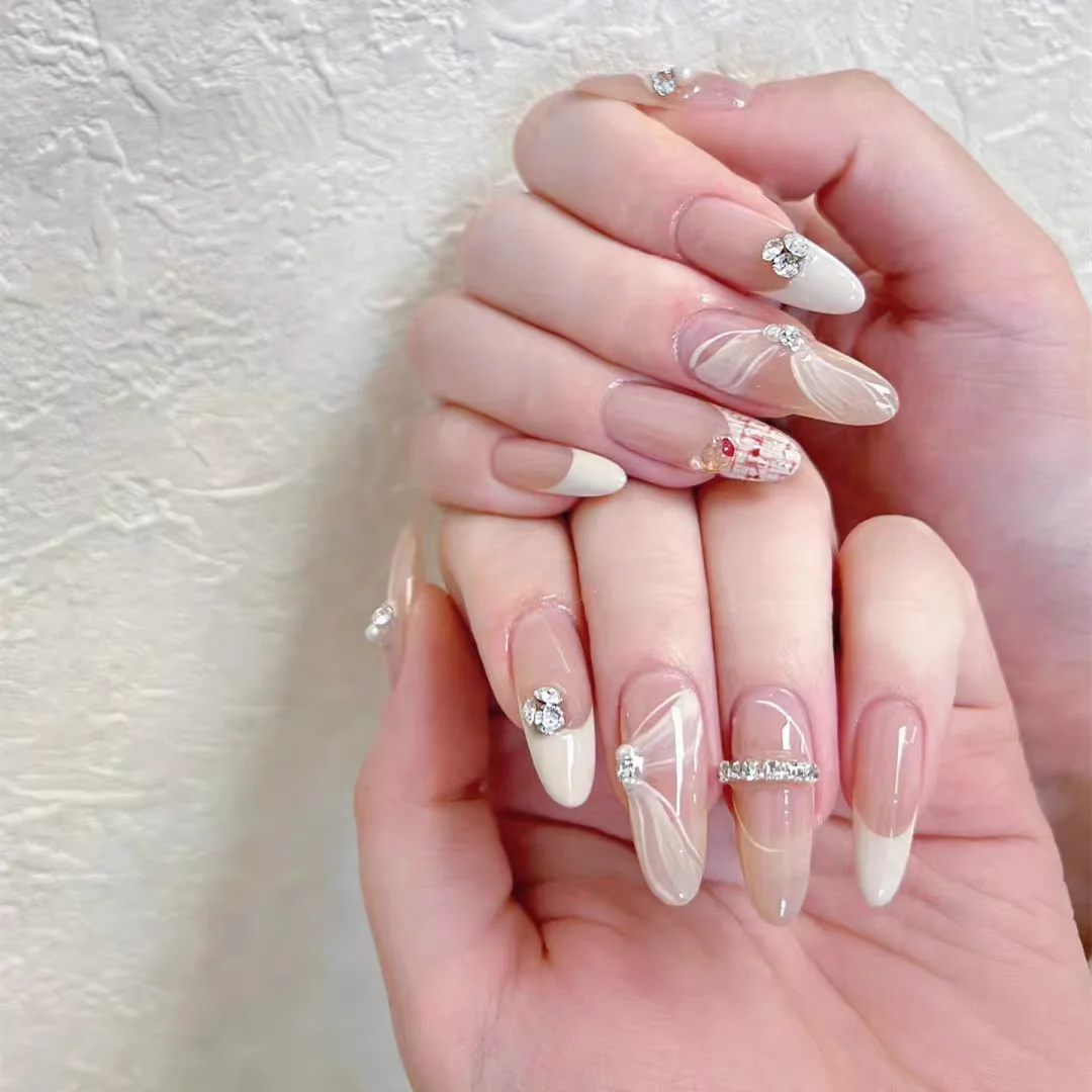 New Handmade Custom Fake Nail Finished Product Wearing Nail Pure Desire Ballet French Whitening Nail Patch Removable False Nails