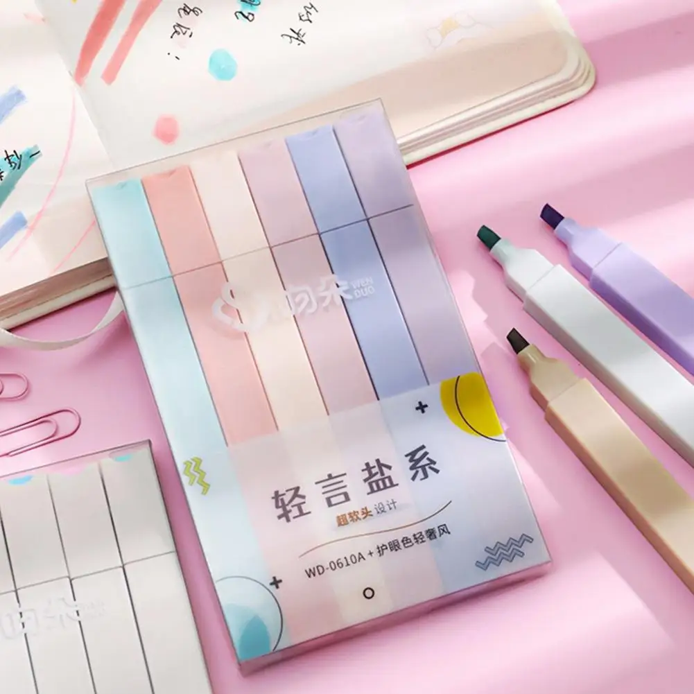 Resaltadores de colores Pastel de agarre cómodo, bolígrafos fluorescentes de punta suave para estudiantes, juego de rotuladores de colores de barril cuadrado, 6