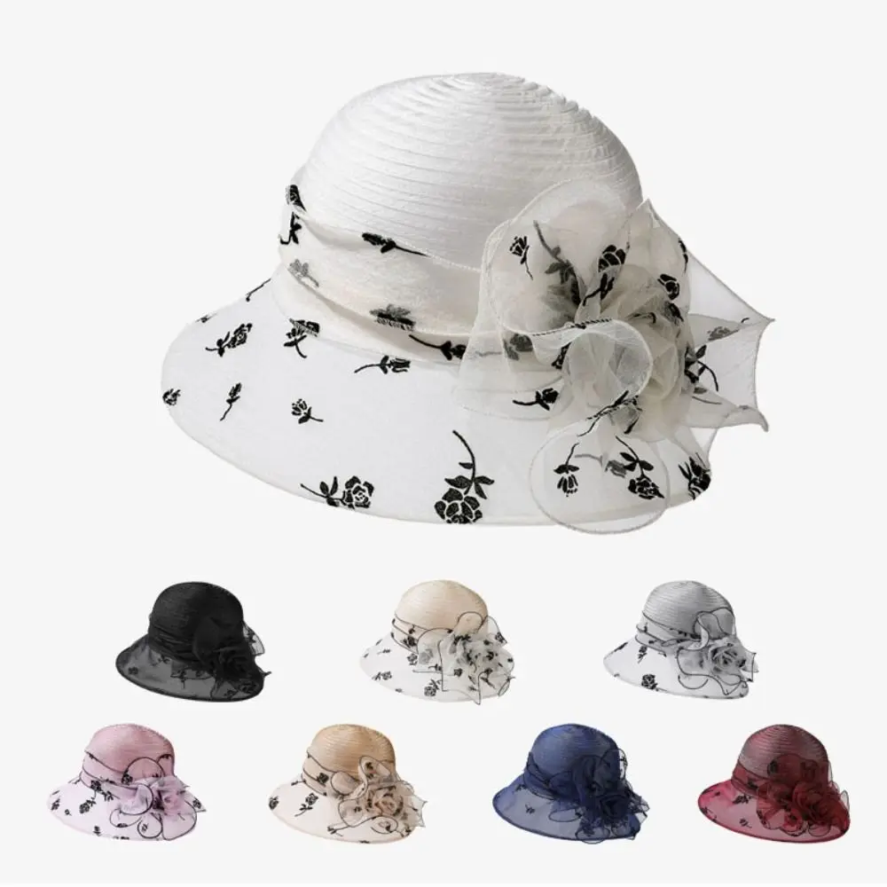 

Fashion Retro Flower Bow Lady Hat Organza Elegant Sunscreen Hats Breathable Wide Brim Beach Sun Cap for Women Church Wedding