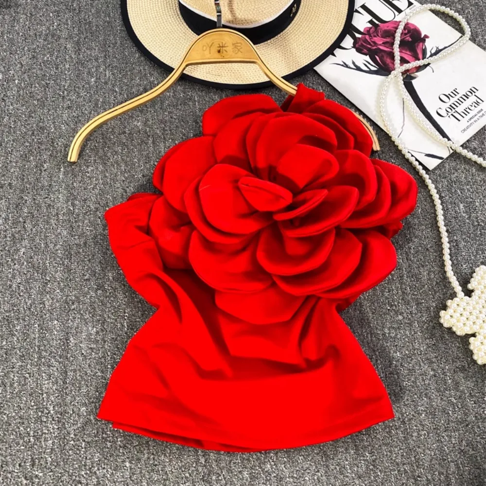 

Women's Cropped Top 3D Floral Slim Fit Sleeveless Tank Single-Shoulder Backless Top