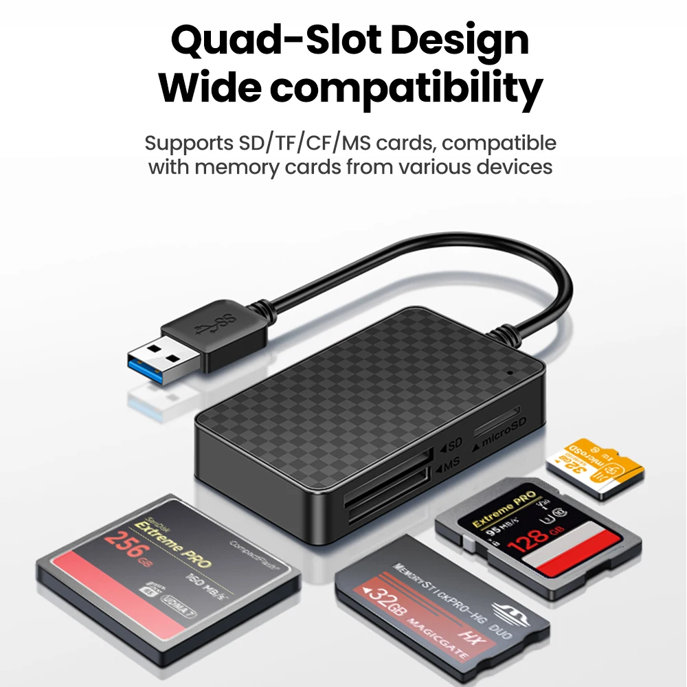 USB 3.0 High-speed Multifunctional 4 in 1 Card Reader CF/MS/SD/TF Card Slot for Cameras, Mobile Phones, Tablets