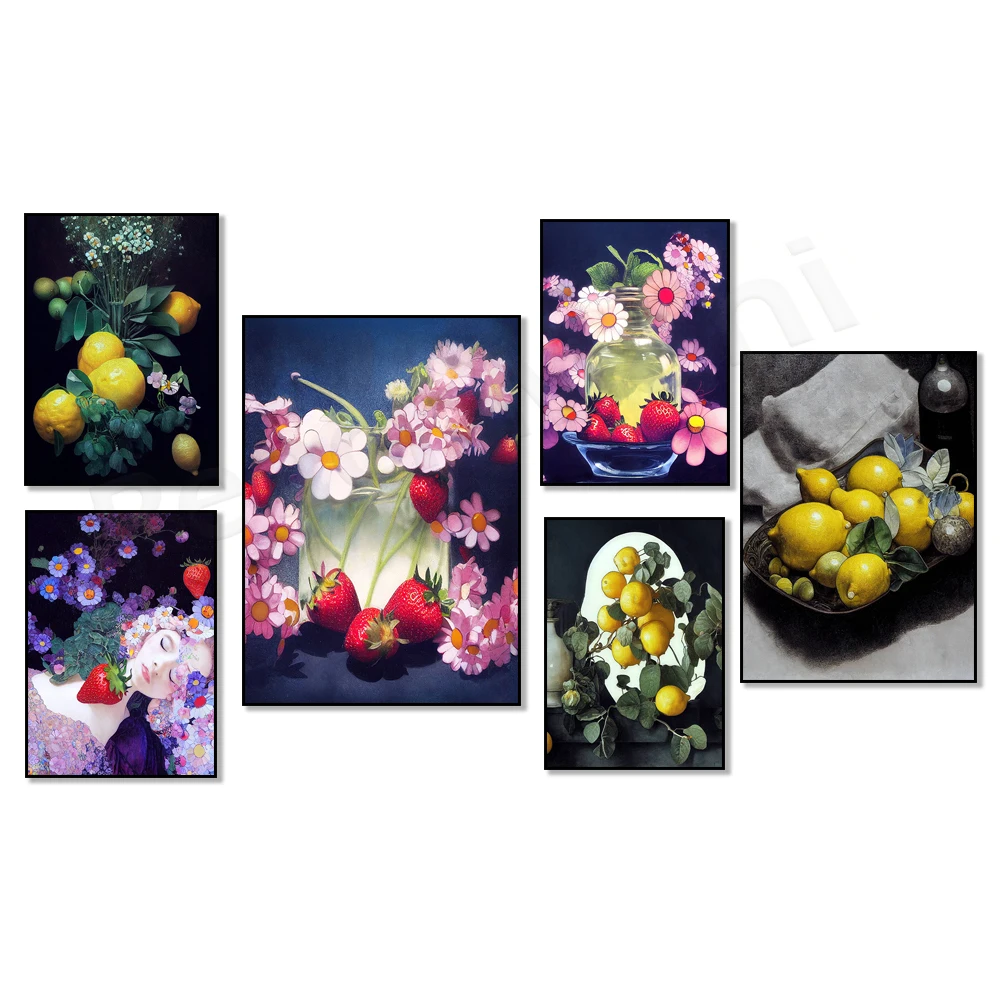strawberry flower still life, berry flower wall art, citrus plants, citrus art, lemon decoration, yellow citrus kitchen poster