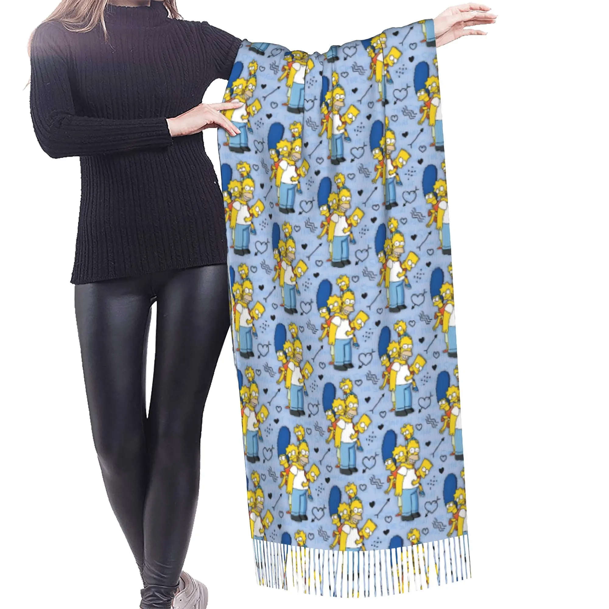 Custom Ladies Long S-Simpsonsed Anime Scarves Women Winter Fall Soft Warm Tassel Shawl Wraps Homer Cartoon Scarf