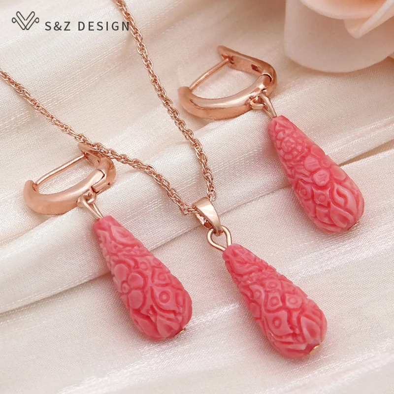 

S&Z DESIGN New Fashion Water Drop Carve Flower Synthetic Shell Dangle Earrings Jewelry Sets For Women Wedding Necklace Gift