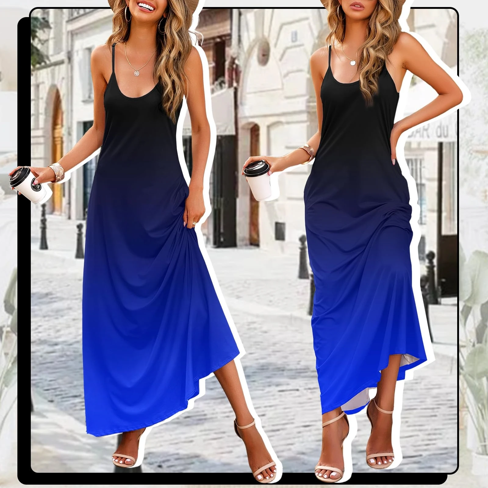 Damska letnia luźna sukienka bez rękawów Casual Spaghetti Strap Maxi Dress Oversized Clashing Colors Printed Beach Long Dress