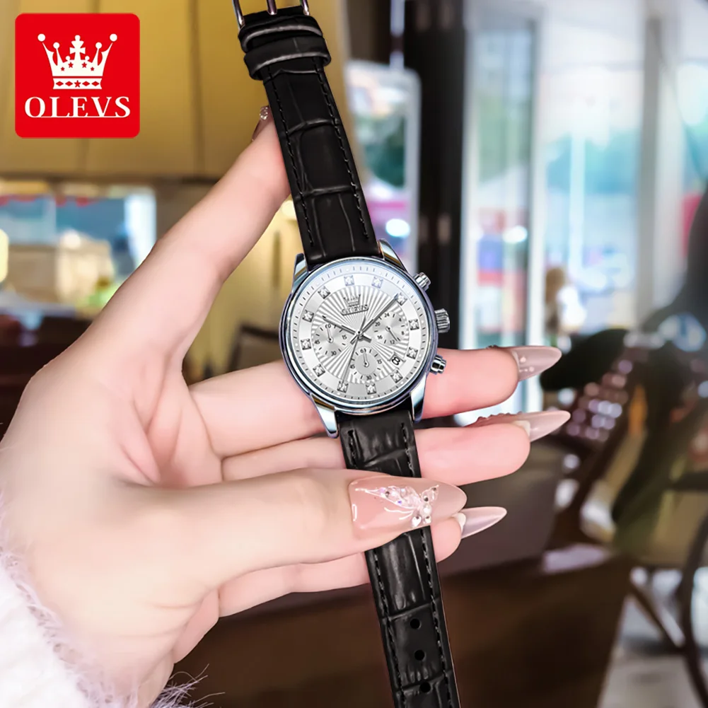 OLEVS Fashion Chronograph Women Watch Top Brand Luxury Leather Strap Waterproof Sport Quartz Watches For Women Date Watch Montre