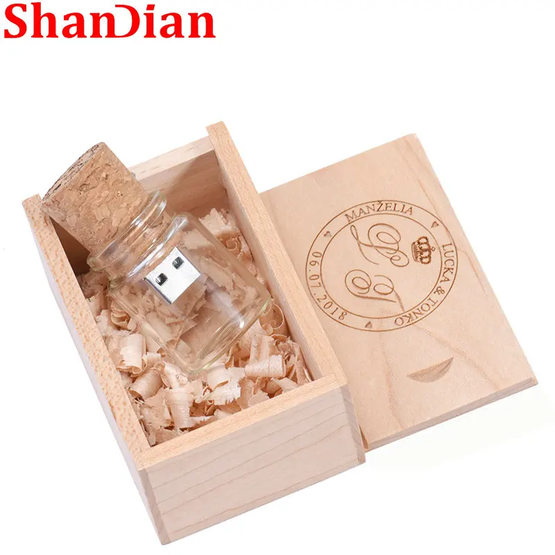Shandian-木製のドリフトボトル,フラッシュドライブ,ギフトボックス,メモリスティック,16GB, 32GB, 64GB