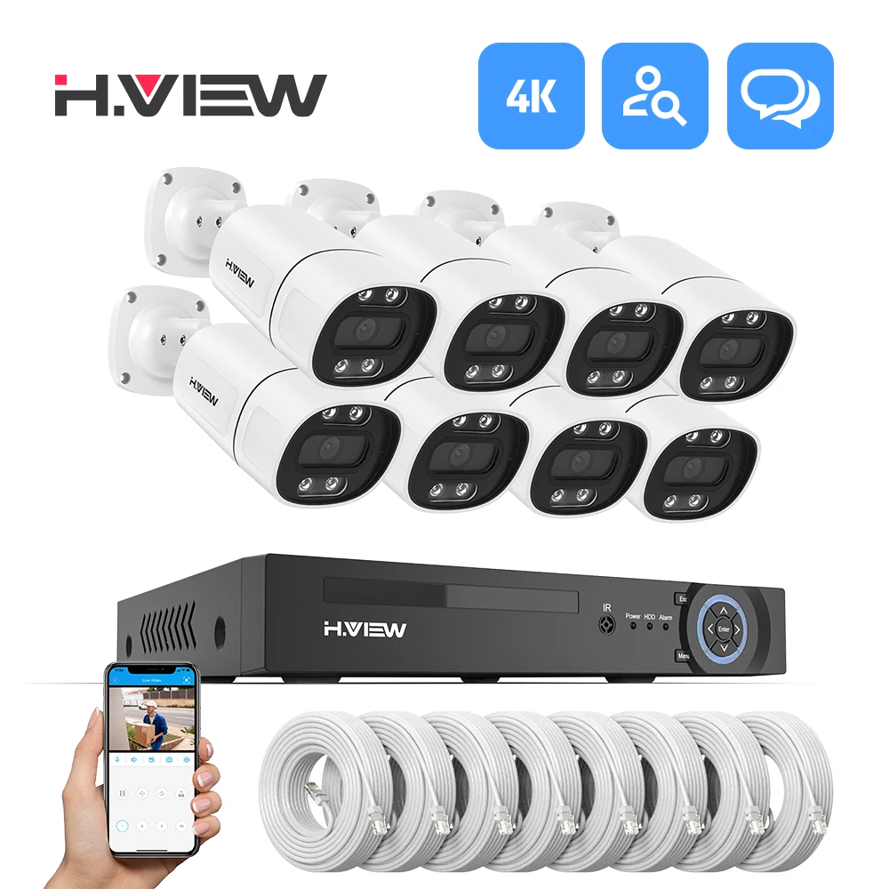 H. view Kit 4 câmeras Segurança 4k 8mp 5mp cctv sistemas de câmeras de segurança em casa kit de vigilância de vídeo ao ar livre áudio câmera ip poe