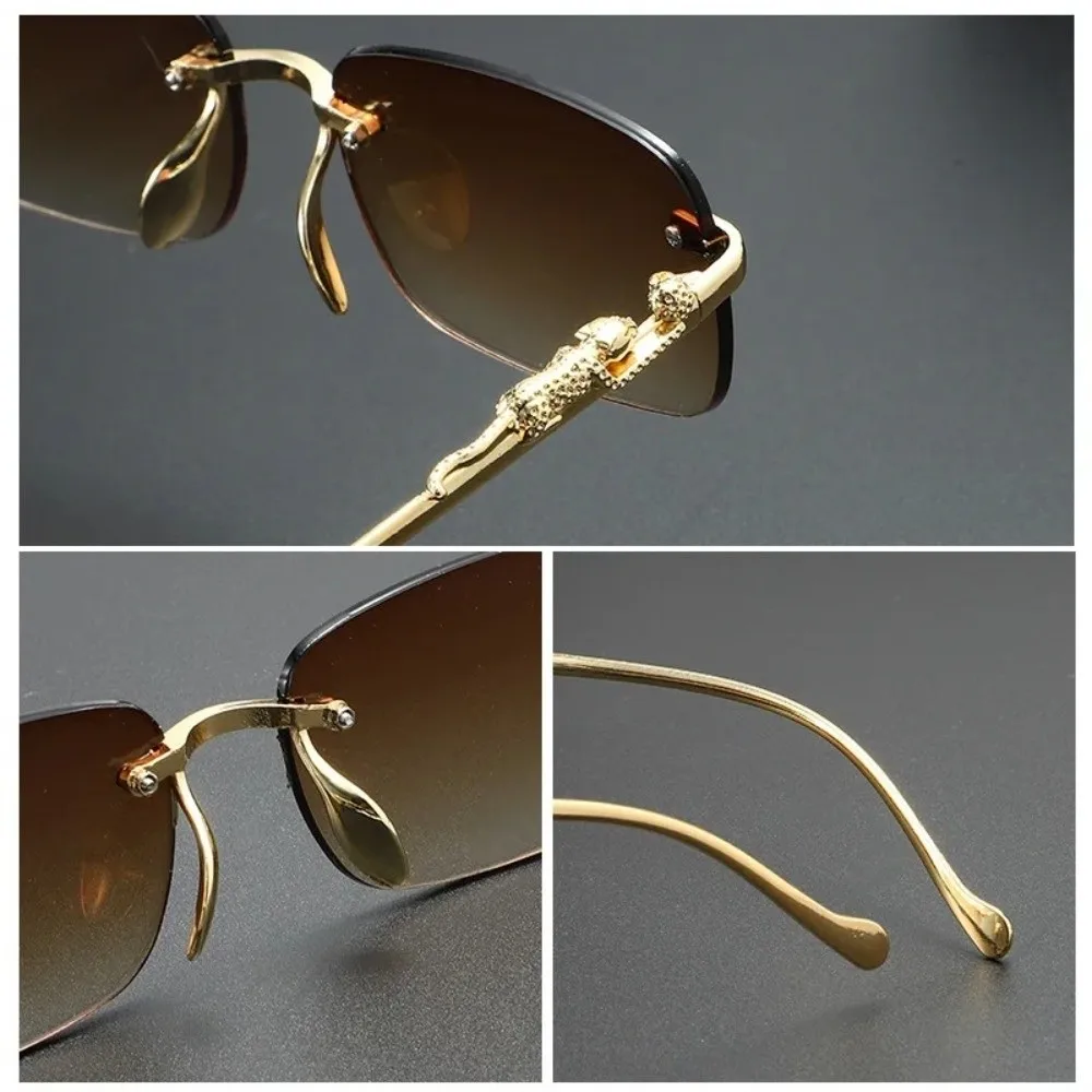 

UV400 Diamond Cut Sunglasses Leopard Decor Unframed Design Small Frame Sunglasses Diamond Cut Edg Square Shape