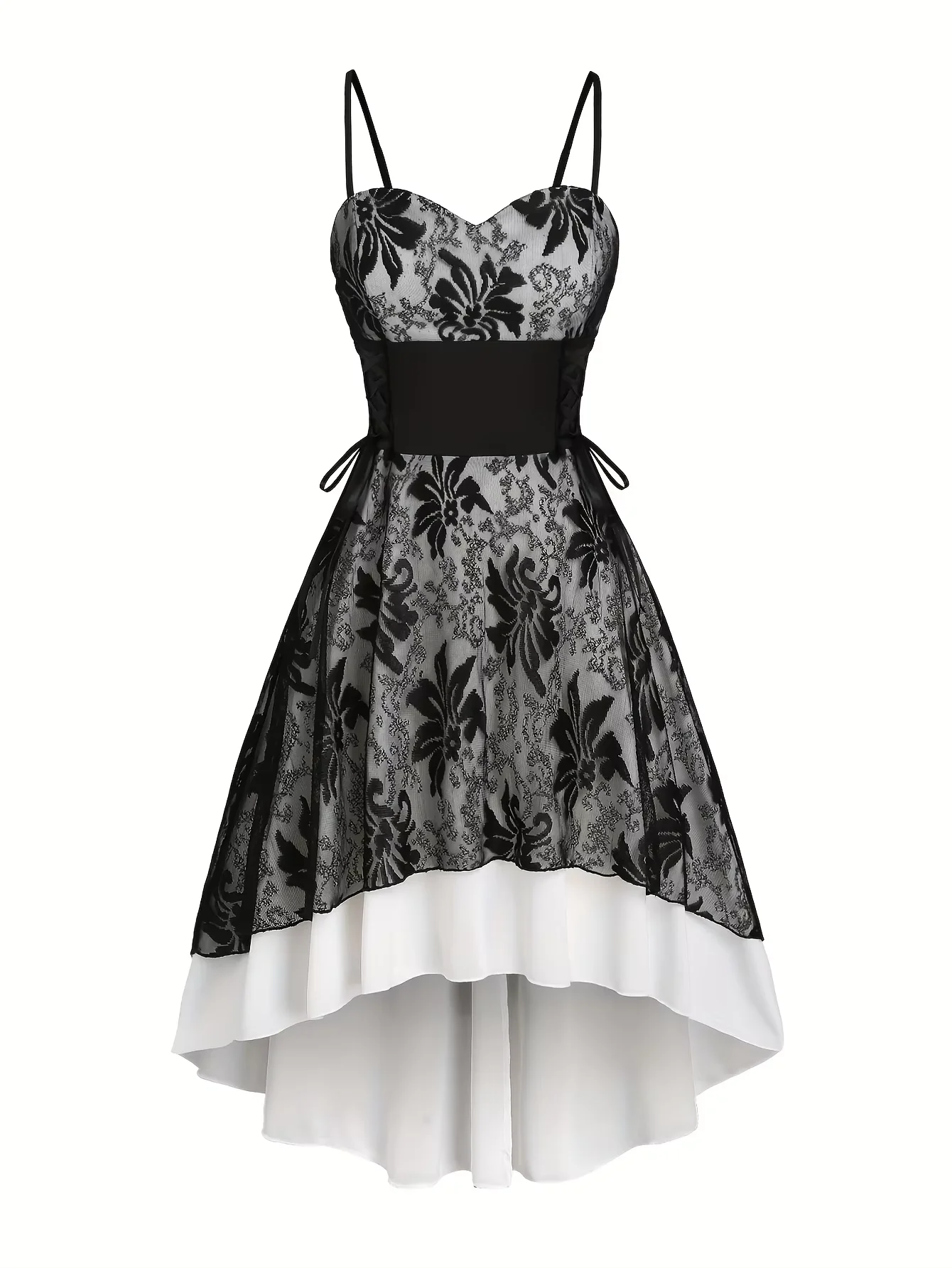 فستان نسائي كاجوال بمقاس كبير مع أشرطة رفيعة من الدانتيل، فستان عالي ومنخفض بحاشية زهرية، فستان صيفي للحفلات