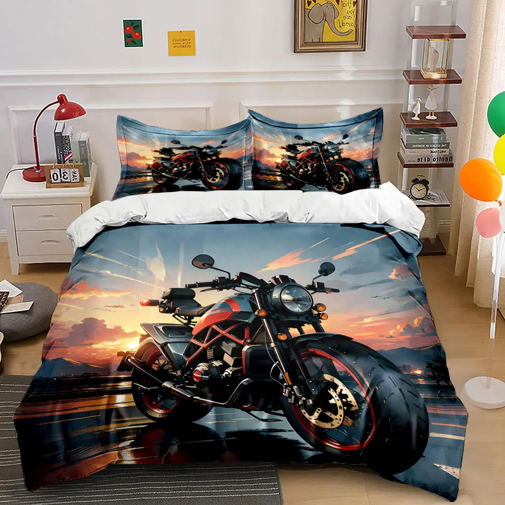 Cool Motorcycle with Sunset Background Print Soft Comfortable Duvet Cover Bedding Set Included 1*Duvet Cover  2*Pillowcases